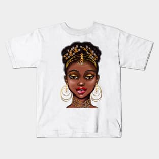 Queen Black is beautiful vi anime manga black woman with gold tiara earrings and necklace Kids T-Shirt